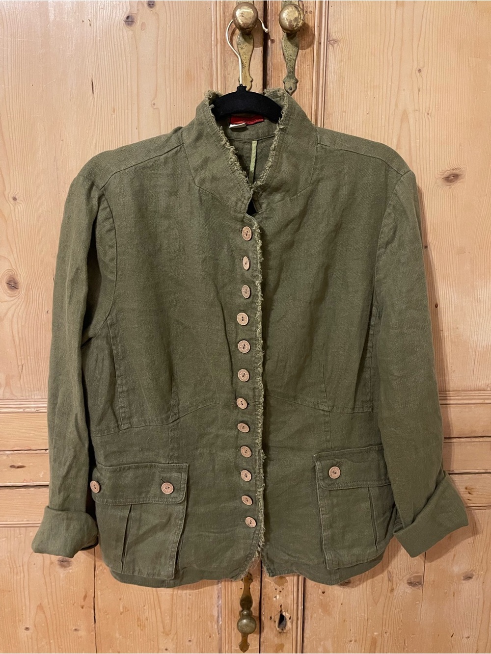 Olive Green Women's Button-Front Linen Jacket by tape measure.  Size 16